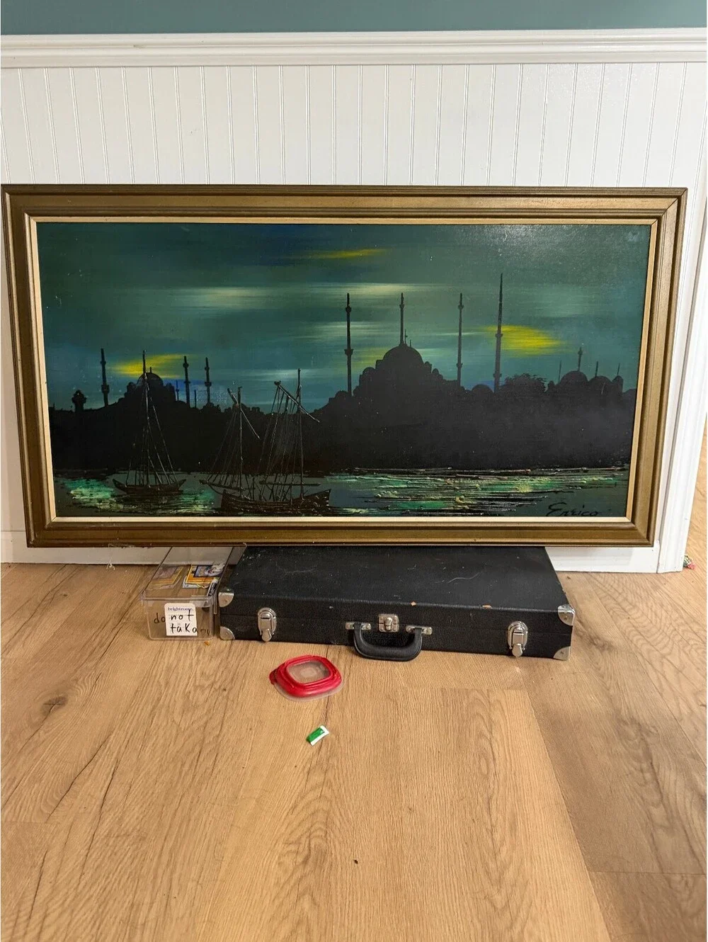 MCM Framed Signed Painting of City Skyline at Dusk  52” x 28.5”